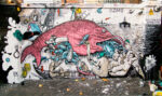 OZMO Big Fish Eats Small Fish realizzato nel quartiere di Shoreditch Londra 2011 Rise Up! L’arte non dorme a Milano. Live painting dello street artist Ozmo e laboratori del writer Flycat: con un'asta al MUBA a sostegno dei volontari del CISOM