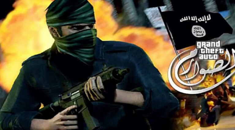frame dal video di reclutamento dell'Isis indirizzato ai teenager con le immagini e gamplay del videogame Grand Theft Auto, 2014