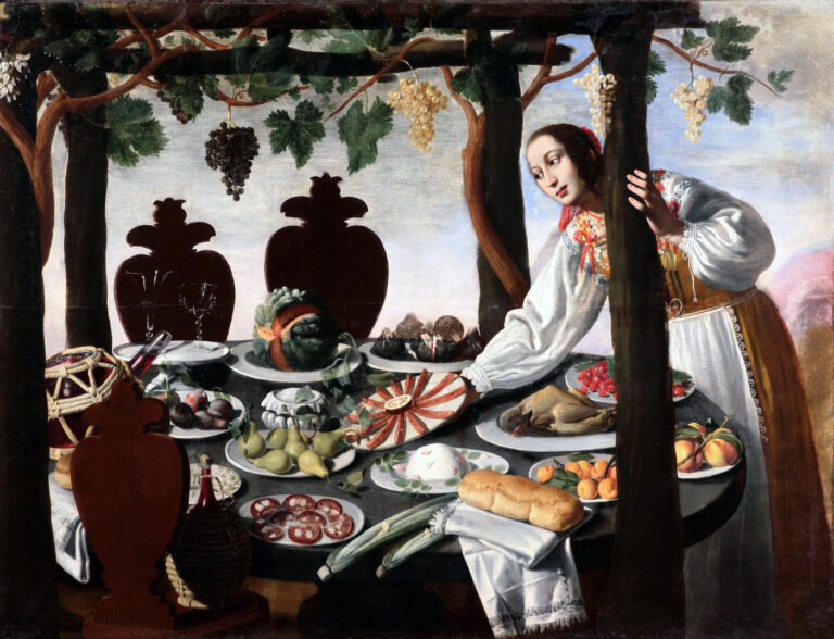 Pittore fiorentino della metà del '600, Donna che imbandisce tavola, olio su tela, 132 x 174 cm. Collezione privata