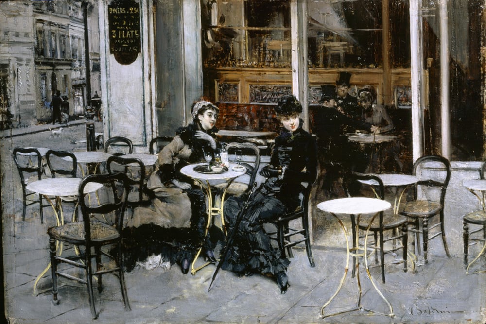 Giovanni Boldini, Conversazione al caffè, 1879 ca., olio su tavola. Collezione privata