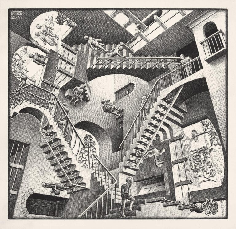 M.C.Escher Relatività 1953 Litografia I paradossi di Escher a Bologna. Con la grande retrospettiva sul genio olandese riapre Palazzo Albergati: totalmente restaurato, dopo il devastante incendio