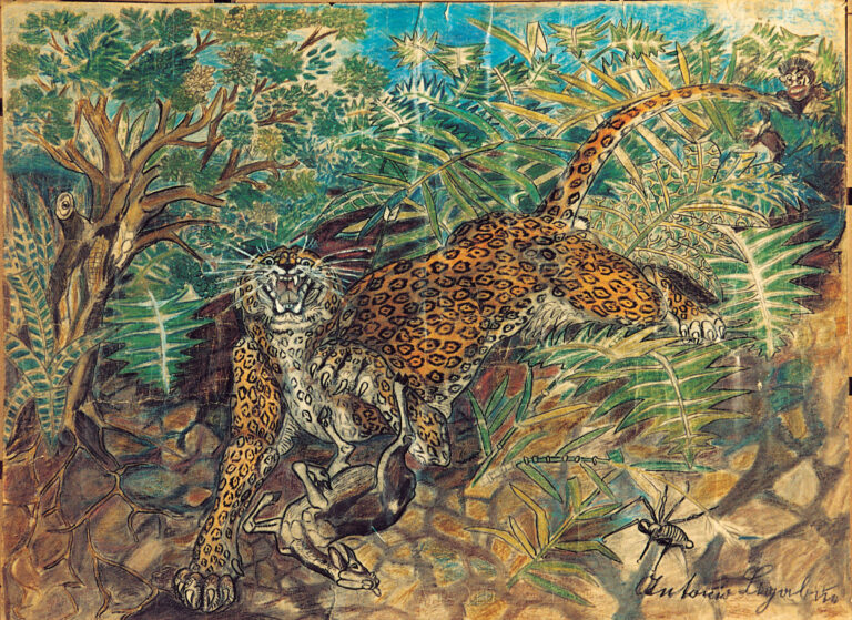 Antonio Ligabue Leopardo con antiope e indigeno pastello a cera matita e china su carta 1939 1952 48x655 cm Nasce la Fondazione Antonio Ligabue. Da Gualtieri immagini dell'inaugurazione della grande antologica del pittore allestita da Mario Botta