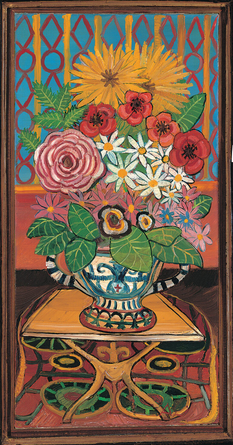 Antonio Ligabue Tavolo con vaso di fiori olio su tavola di faesite 1956 70x35 cm Nasce la Fondazione Antonio Ligabue. Da Gualtieri immagini dell'inaugurazione della grande antologica del pittore allestita da Mario Botta