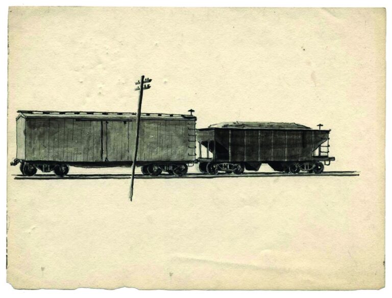Charles Pollock, Vagoni ferroviari, 1934 ca. - inchiostro e acquerellatura su carta, Collezione privata - © Charles Pollock Archives