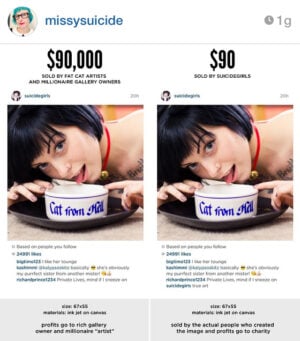 Chi di copia ferisce, di copia… perisce! Missy Suicide rivende per  90 dollari le stesse fotografie che Richard Prince ha rubato da Instagram e venduto per 90 mila dollari