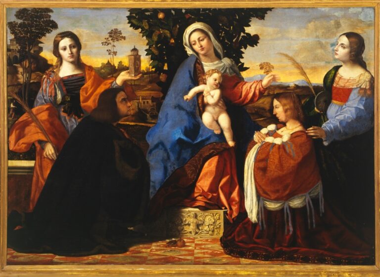 Palma il Vecchio, Madonna con il Bambino in trono tra le sante Barbara e Cristina e due committenti, 1508-09 - olio su tela - Roma, Galleria Borghese - © per gentile concessione SSPSAE e per il Polo Museale della città di Roma