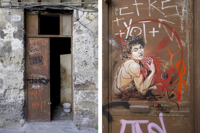 Il Bacco di C215 di Via Monteleone a Palermo trafugato foto by Facebook Street Art Palermo L'amaro destino di Pignon e C215. Opere offese o rubate tra Napoli e Palermo. Pasolini e Caravaggio, nuovi trofei del teppista metropolitano