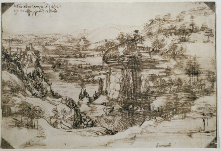 Leonardo da Vinci, Paesaggio (5 agosto 1473) - Firenze, Gabinetto Disegni e Stampe degli Uffizi