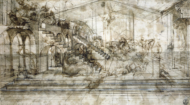 Leonardo da Vinci, Scenario architettonico e rissa di cavalieri (studio prospettico per l’Adorazione dei Magi) (1481 circa) - Firenze, Gabinetto Disegni e Stampe degli Uffizi