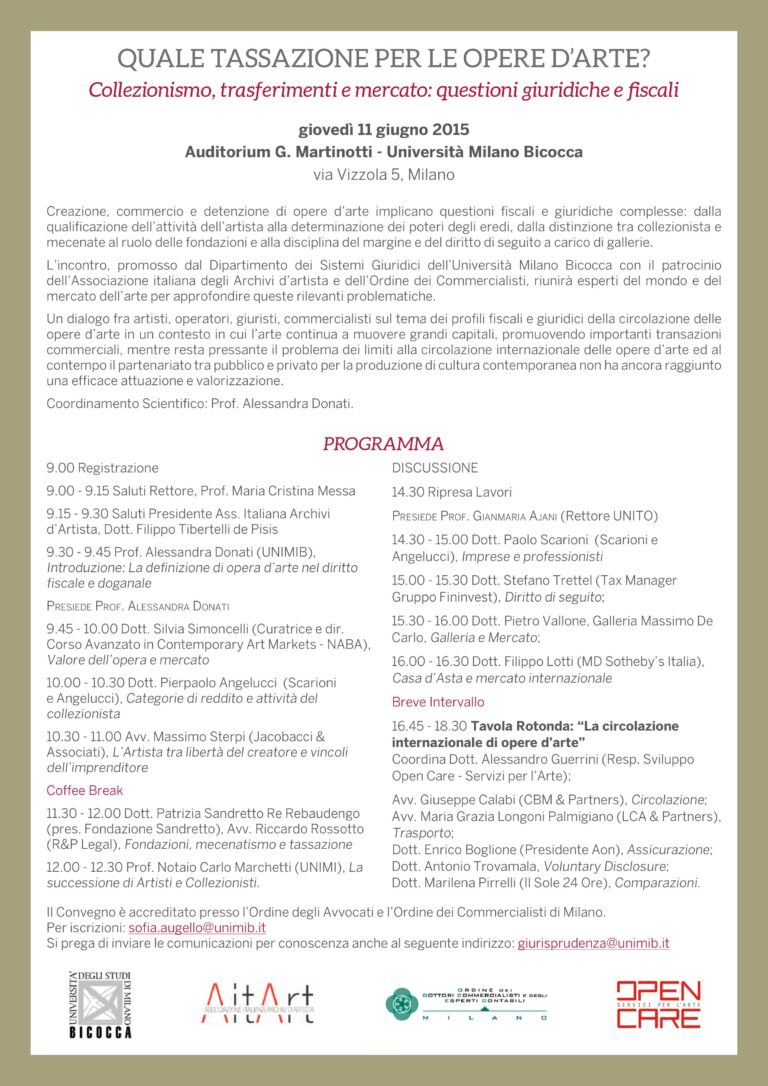 Quale tassazione per le opere d’arte? - convegno Università Milano Bicocca, giugno 2015