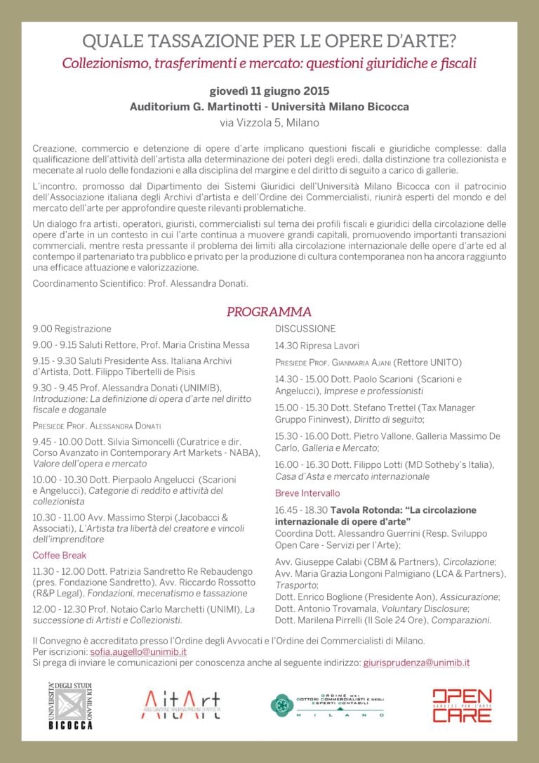 Quale tassazione per le opere d’arte? - convegno Università Milano Bicocca, giugno 2015