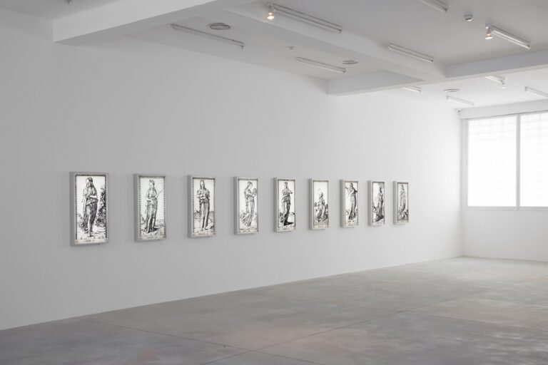 Francesco Vezzoli, Metamorfosi: The Crying Muses (After Mantegna’s Tarot Cards), 2015, LED light-boxes, rhinestones, 9 pieces, each 100 x 55 x 8 cm, Courtesy the artist and Galleria Franco Noero, Torino