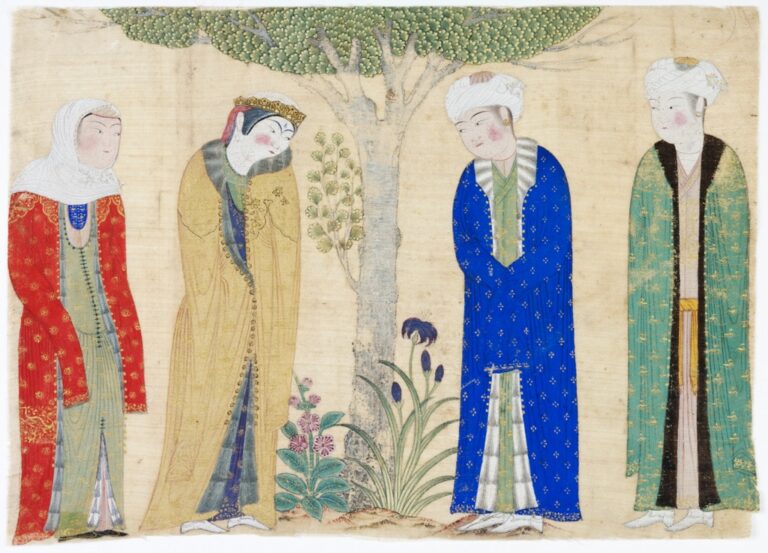 Miniatura dipinta su seta con la rappresentazione di una coppia principesca con attendenti - Asia Centrale, inizi del XV secolo d.C. - Collezione al-Sabah, Kuwait