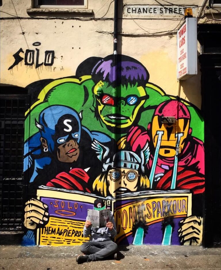 Solo Comics Parkour Londra 2015 5 Street art per supereroi. Flavio Solo, cartoline (a fumetti) da Londra