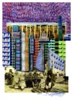 Cherubino Gambardella, Libia, mercato del pane grattacieli archeologia e mare (roller, pastelli e pastelli dorati su carta stampata, dimensioni finali cm. 60x86)