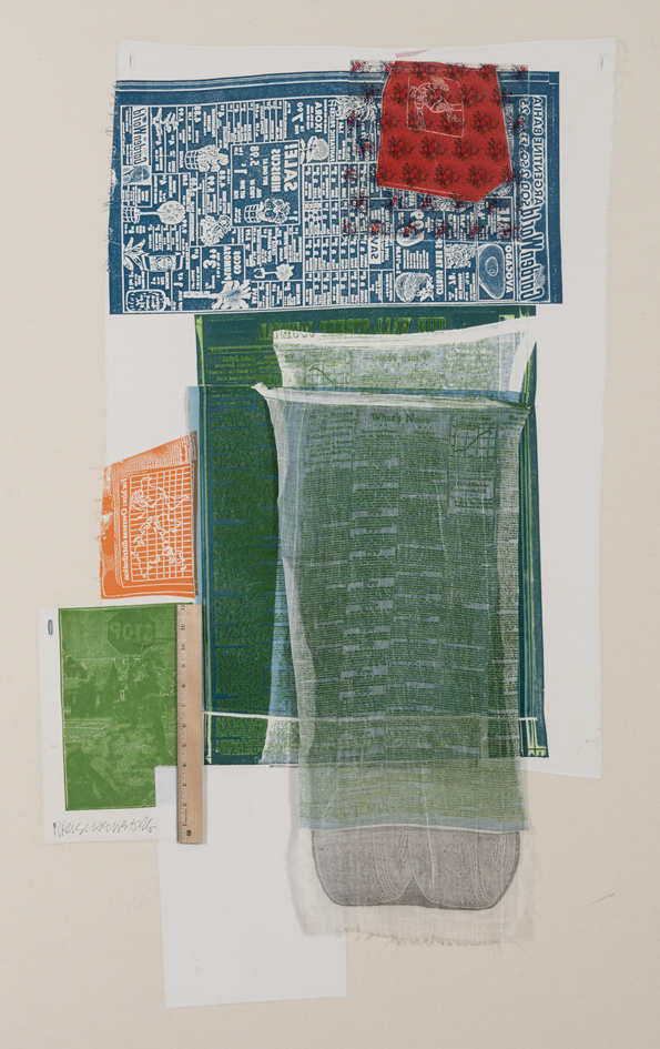 Robert Rauschenberg, Platter, 1974, Colore a rilievo e intaglio su tessuto con collage applicati su tela, 137,5x87cm