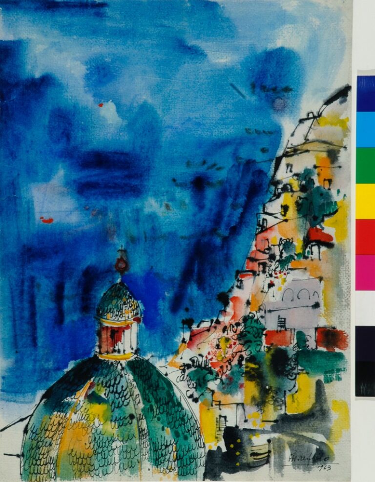 Ettore Fico, Positano, 1963 - acquarello e china su carta, cm 53,5 x 39