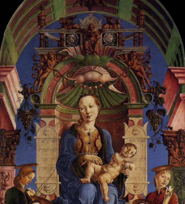 Cosmè Tura, Madonna col bambino in trono, 1474 - dettaglio - National Gallery, Londra