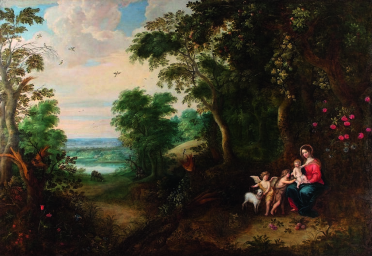 Jan Brueghel il Giovane, Paesaggio boscoso con la Vergine e il Bambino, san Giovanni Battista e un angelo, 1645-1650 ca., Collezione privata, Ginevra