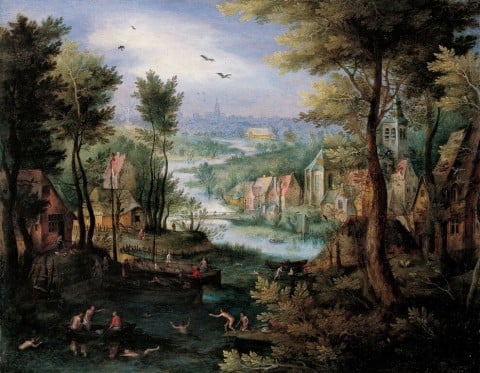 Jan Brueghel il Vecchio, Paesaggio fluviale con bagnanti, 1595-1600, Collezione privata, Svizzera