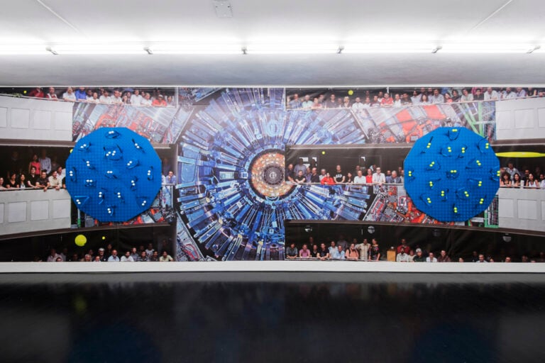 Luca Pozzi – Detectors – veduta della mostra presso Federico Luger Gallery, Milano 2015 – photo Cosimo Filippini – background image credit CERN (LHC, Atlas Detector) and Michael Hoch (CMS Experiment)