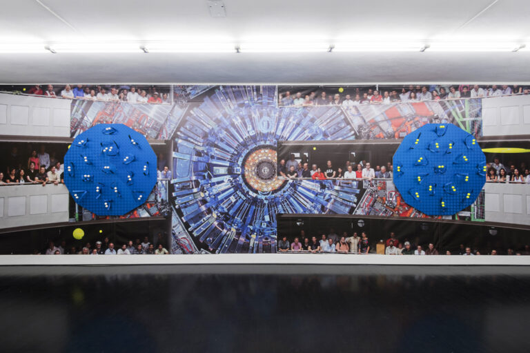 Luca Pozzi – Detectors – veduta della mostra presso Federico Luger Gallery, Milano 2015 – photo Cosimo Filippini – background image credit CERN (LHC, Atlas Detector) and Michael Hoch (CMS Experiment)