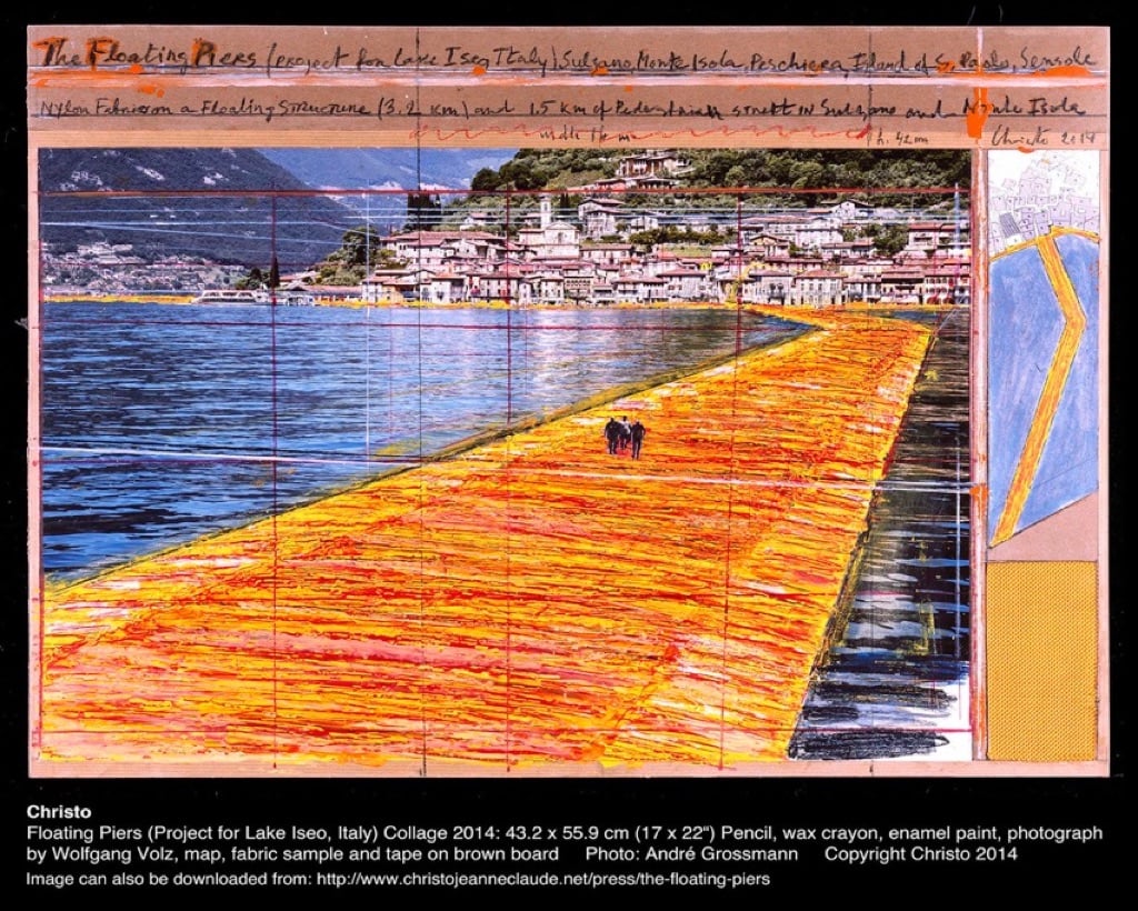 Christo cerca 500 persone per The Floating Piers: la sua mastodontica opera galleggiante sul Lago d’Iseo. Un lavoro temporaneo per l’estate e retribuito. Con mansioni da bagnino e info point