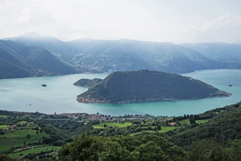 The Floating Piers - Lake Iseo with the town of Sulzano in the foreground, the island of Monte Isola in the center and the island of San Paolo on the left