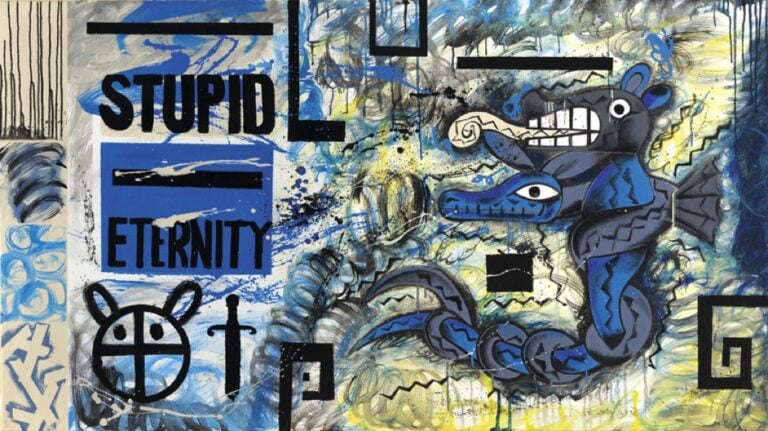 Pablo Echaurren, Stupid eternity, 1990, acrilico su tela, 100 x 180 cm