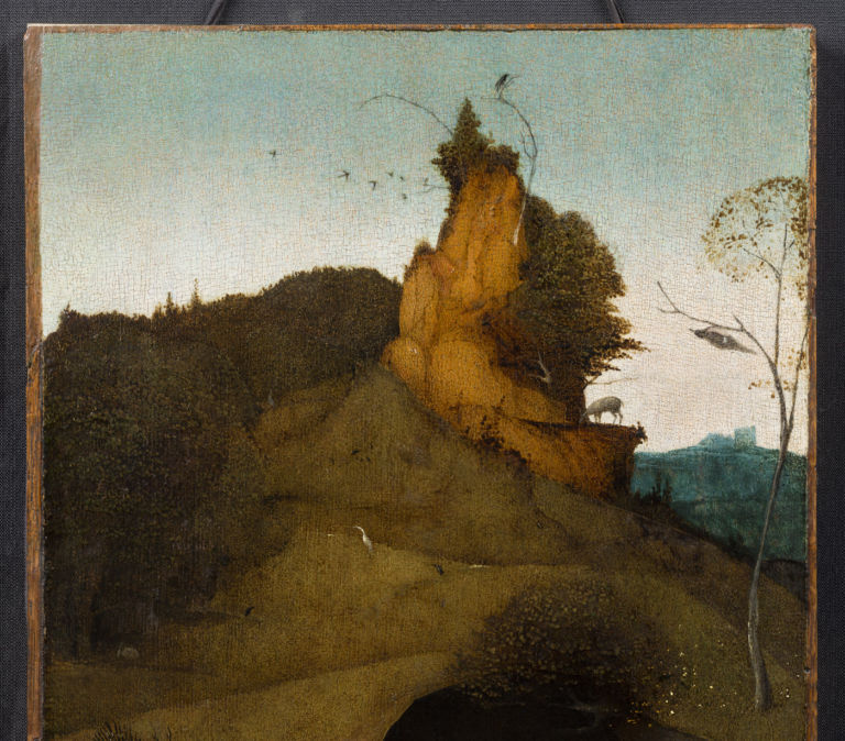 Jheronimus Bosch Trittico degli Eremiti dettaglio cielo pannello di destra dopo il restauro Venezia celebra Hieronymus Bosch a cinquecento anni dalla morte. Prime immagini dei due capolavori delle Gallerie dell’Accademia appena restaurati
