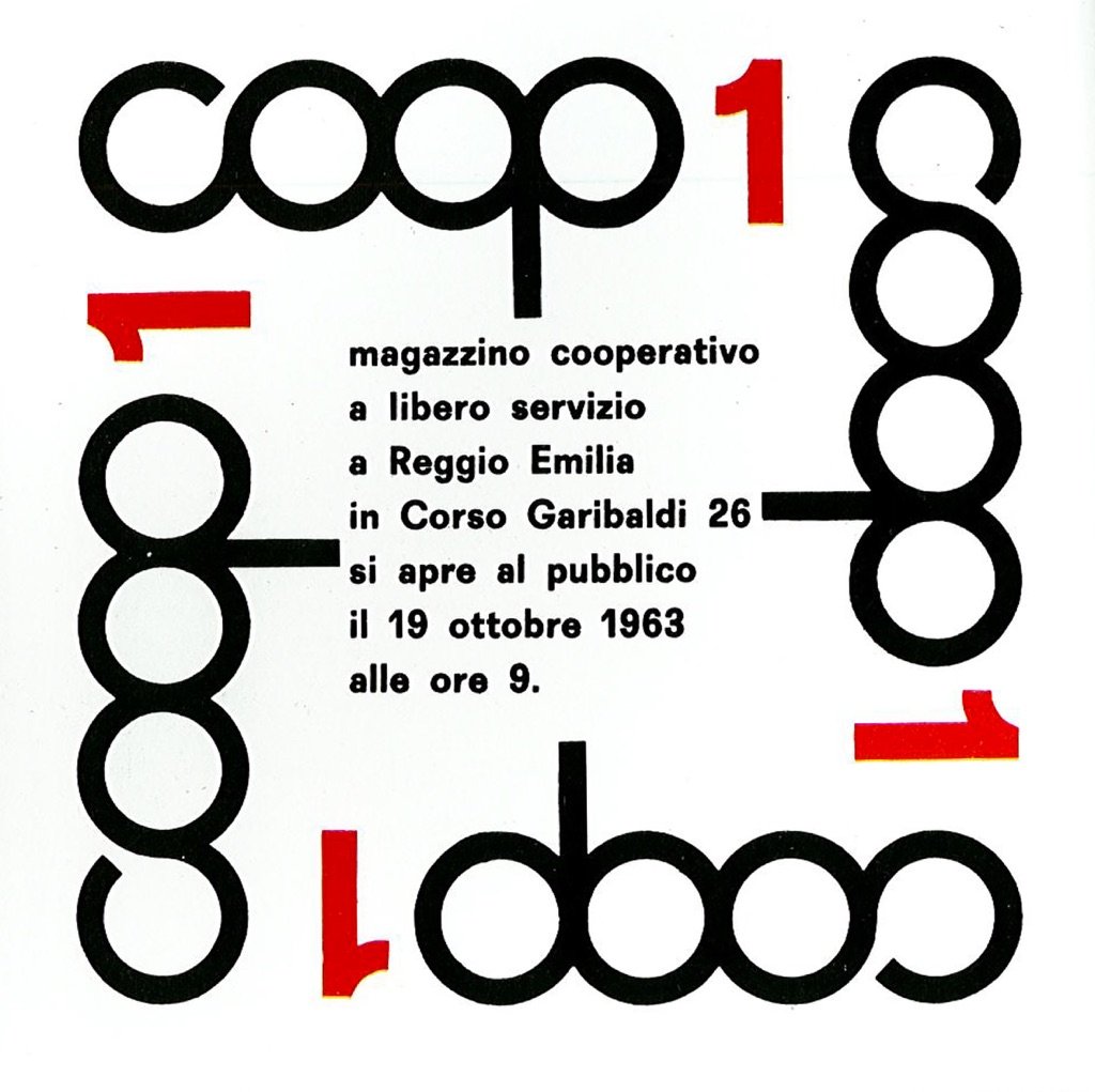 Manifesto per l’inaugurazione del primo magazzino COOP a Reggio Emilia, con il logo disegnato da Albe Steiner, 1963