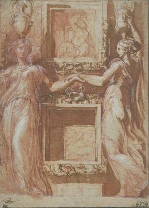 Parmigianino, Due canefore che si tengono per mano poste ai lati di una fila di lacunari - Musée du Louvre, Parigi
