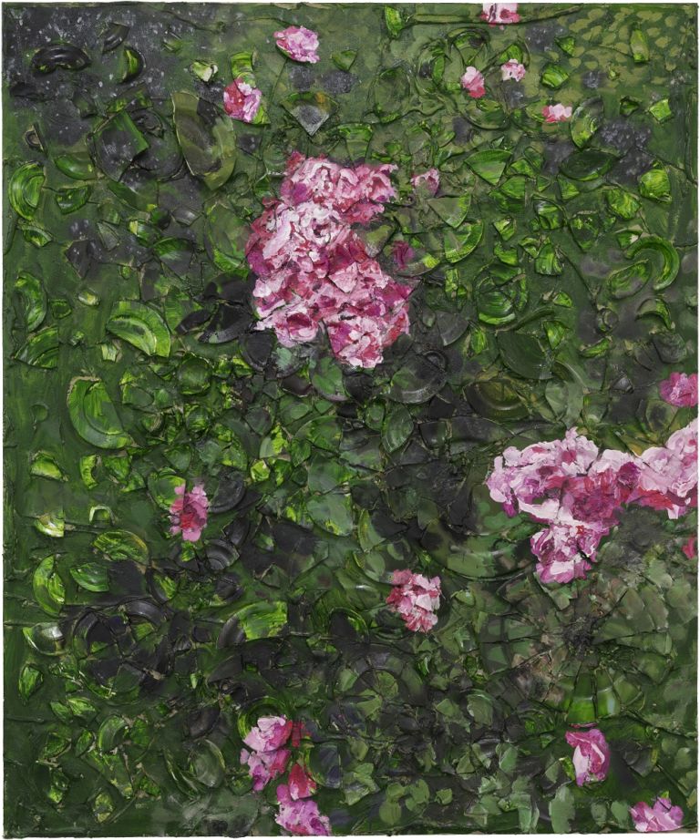Julian Schnabel, Rose Painting (Near Van Gogh’s Grave) VIII, 2015, oil, plates, and bondo on wood, 182,88 x 152,4 x 30,48 cm