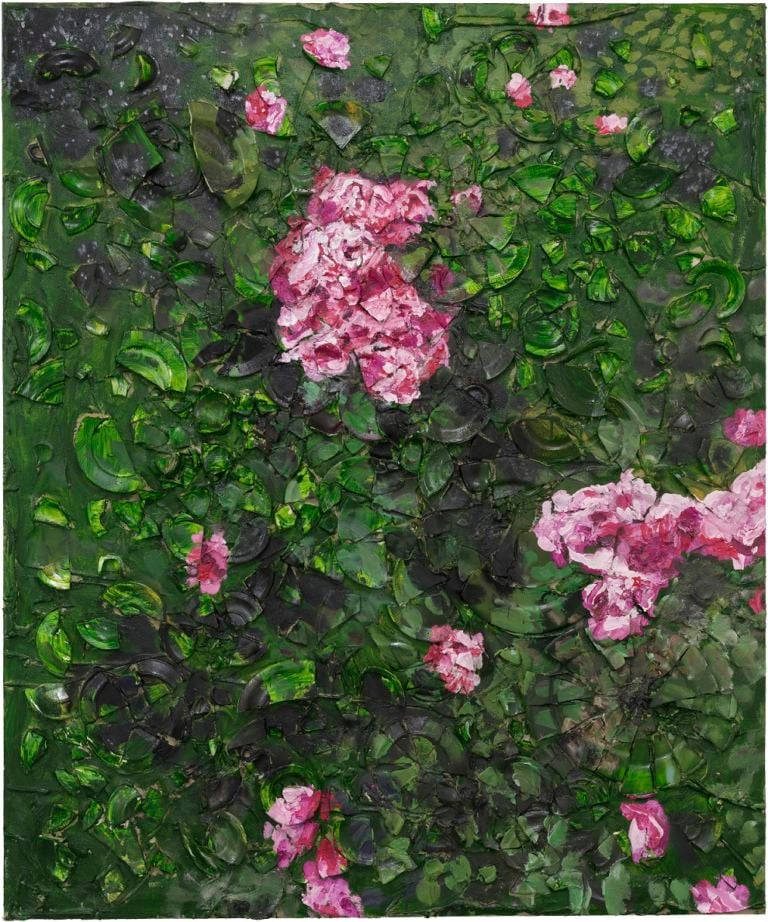 Julian Schnabel, Rose Painting (Near Van Gogh’s Grave) VIII, 2015, oil, plates, and bondo on wood, 182,88 x 152,4 x 30,48 cm