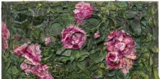 Julian Schnabel, Rose Painting (Near Van Gogh’s Grave) IX, 2015, oil, plates, and bondo on wood, 182,88 x 152,4 x 30,48 cm