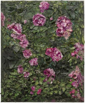 Julian Schnabel, Rose Painting (Near Van Gogh’s Grave) IX, 2015, oil, plates, and bondo on wood, 182,88 x 152,4 x 30,48 cm