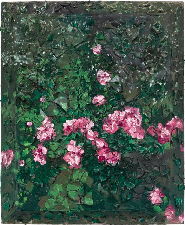 Julian Schnabel, Rose Painting (Near Van Gogh’s Grave) VI, 2015, oil, plates, and bondo on wood, 182,88 x 152,4 x 30,48 cm