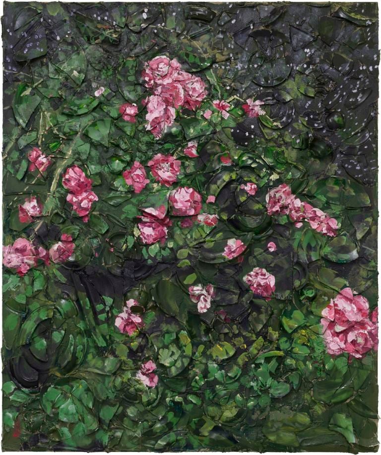 Julian Schnabel, Rose Painting (Near Van Gogh’s Grave) VII, 2015, oil, plates, and bondo on wood, 182,88 x 152,4 x 30,48 cm