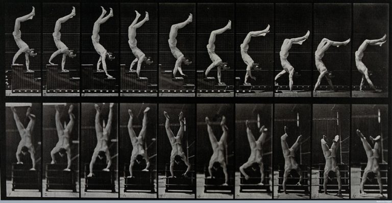 Eadweard Muybridge, A man walking on his hands, 1887, 20 x 38,5 cm, Wellcome Library di Londra