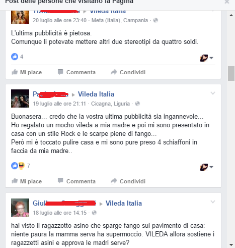 Commenti critici sulla pagina Facebook di Vileda