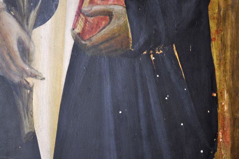 Giovanni dal Ponte, Incoronazione della Vergine fra quattro santi - Dettaglio del modellato della cappa di San Domenico nel corso del restauro