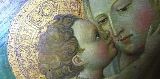 Giovanni dal Ponte, Madonna col Bambino in trono, tempera su tavola, cm. 120x60, Galleria dell'Accademia di Firenze, particolari dei volti della Vergine e di Gesù Bambino prima del restauro