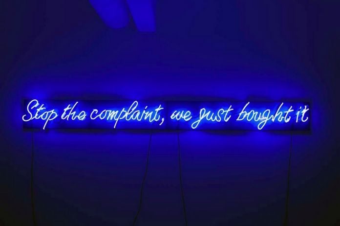 Paola Pivi, Stop the complaint, we just bought it, neon mounted on wood, in two parts, 31.1 x 381 x 8.2 cm, 2008, ed. 1 di 3 + 1 p.a. @ Christie’s