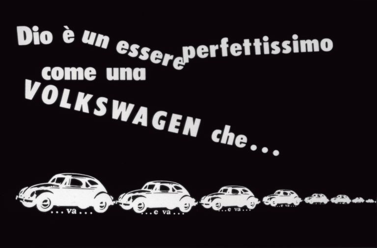 Emilio Isgrò, Volkswagen bianca in campo nero, 1964, 56x84 cm, tela emulsionata, Archivio Emilio Isgrò