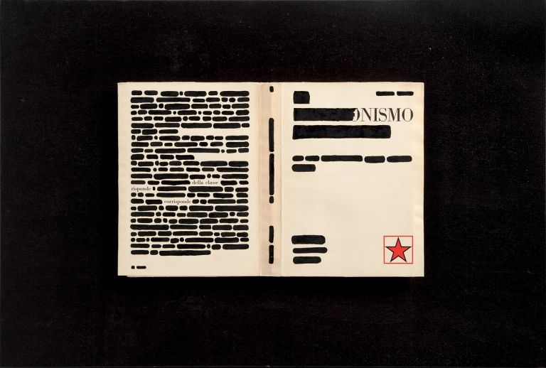 Emilio Isgrò, La risposta, 1971, 40x59 cm, china su libro tipografico in box di legno e plexiglass, Collezione privata