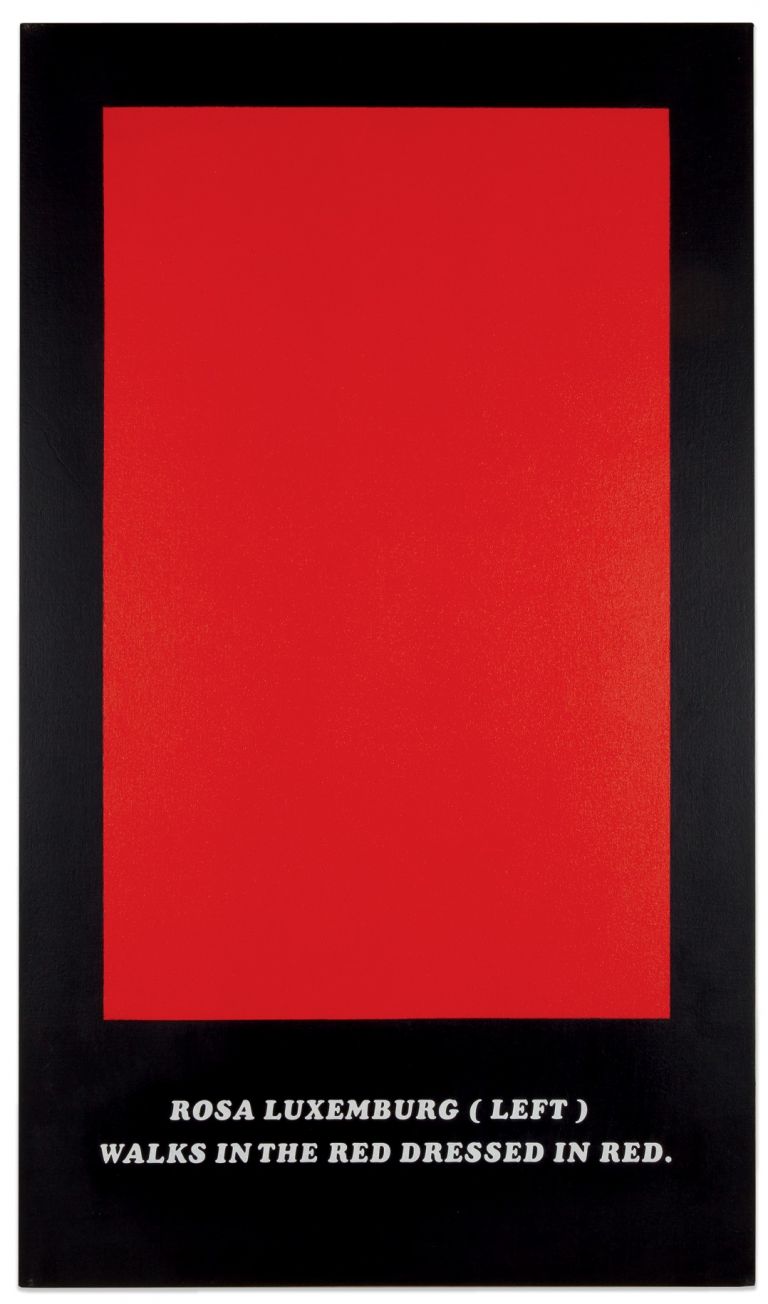 Emilio Isgrò, Rosa Luxemburg, 1974, 89x52 cm, tecnica mista su tela montata su legno, Archivio Emilio Isgrò