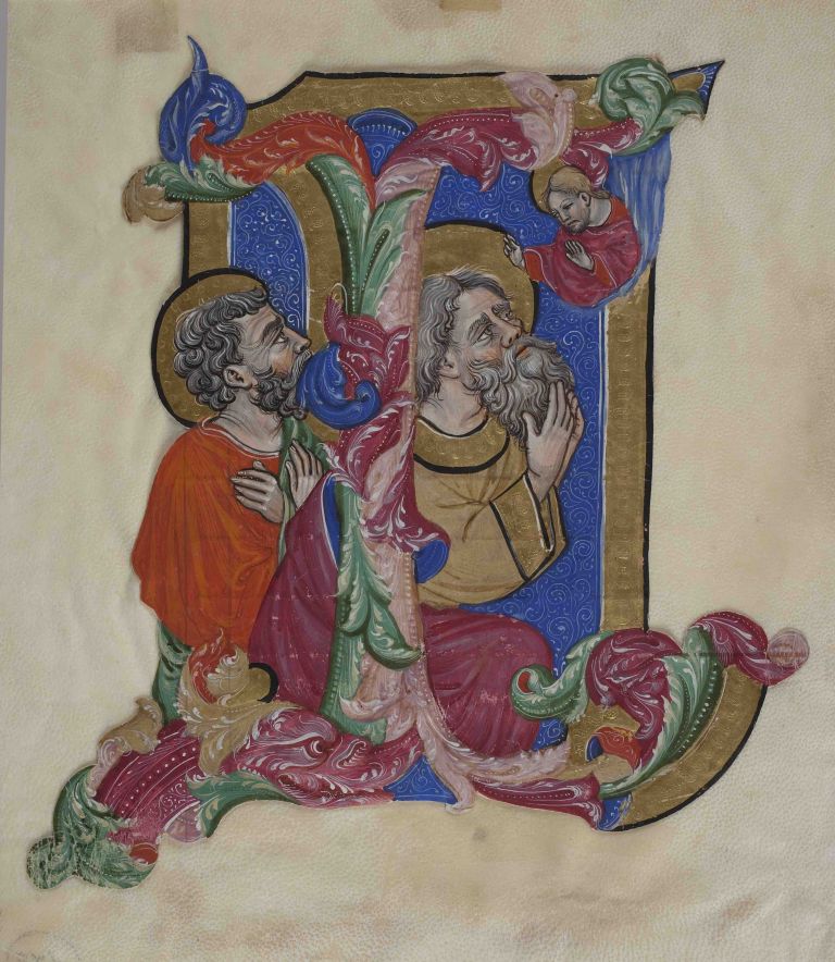 Cristoforo Cortese (Venezia, ultimo quarto del XIV secolo - ante 16 novembre 1445), Iniziale ritagliata da Corale con Due santi ispirati da Dio in iniziale I, secondo quarto del XV secolo. Venezia, Fondazione Giorgio Cini