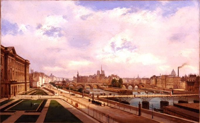 Ippolito Caffi, Parigi, veduta del palazzo del Louvre, 1855
