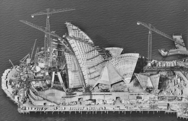 Ove Arup, Sydney Opera House under construction, 6 April 1966 © Robert Baudin for Hornibrook Ltd. Courtesy Australian Air Photos