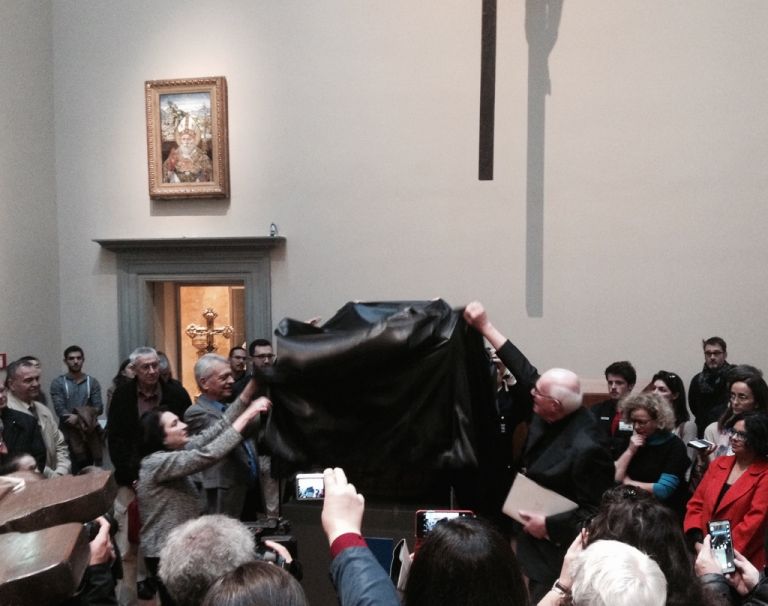 Museo dell'Opera del Duomo di Firenze, 2016 - Timothy Verdon, Peter Silverman e Kathleen Onorato mentre scoprono la teca del busto di San Lorenzo